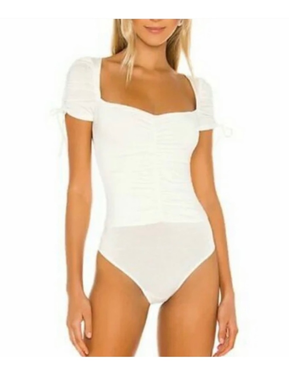 Privacy Please Cream Ruched Sweetheart Bodysuit